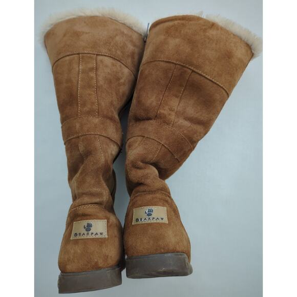 BEARPAW Brown Suede Side Zip 14" Tall Boots Sheepskin Wool lining Women's Size 5 - Picture 3 of 10